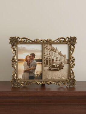 Ornate Gold-Tone Double Picture Frame — Rose & Scroll Filigree